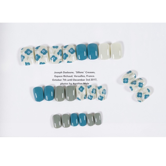 Short Blue and Green flower Press On Nails| Square shape press on nails| Blue - Picture 2 of 3